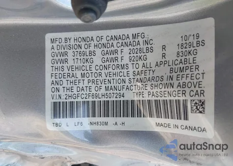 2020 Honda Civic Lx from USA, damaged, VIN 2HGFC2F69LH507294